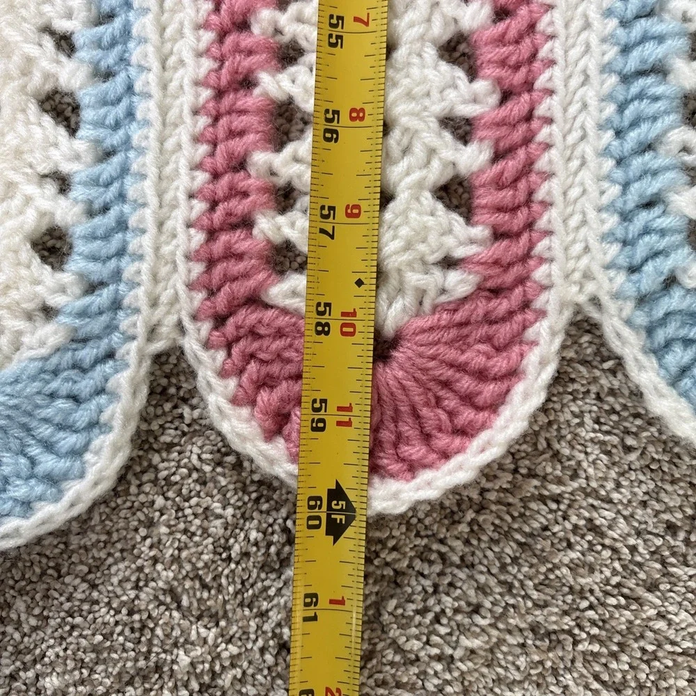 Vtg Mile A Minute Stripe Crochet Afghan Throw Scallop Edge Retro White Pink Blue